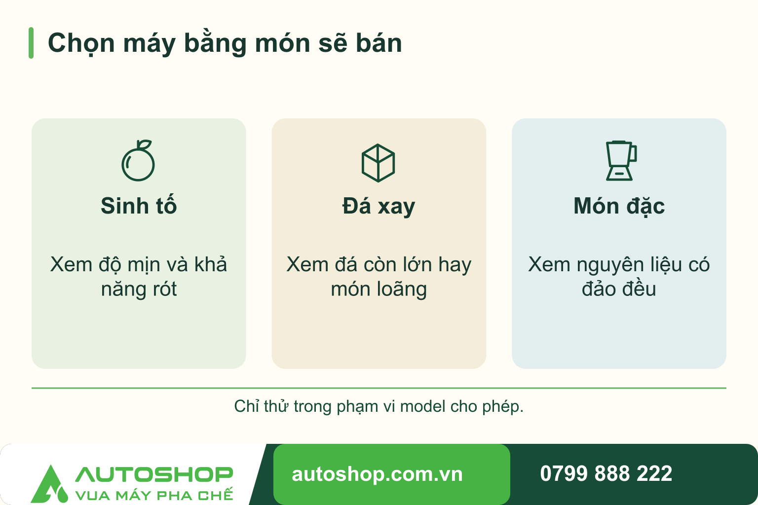 Sơ đồ chọn máy bằng món sẽ bán, đối chiếu các nhóm: sinh tố, đá xay, món đặc.