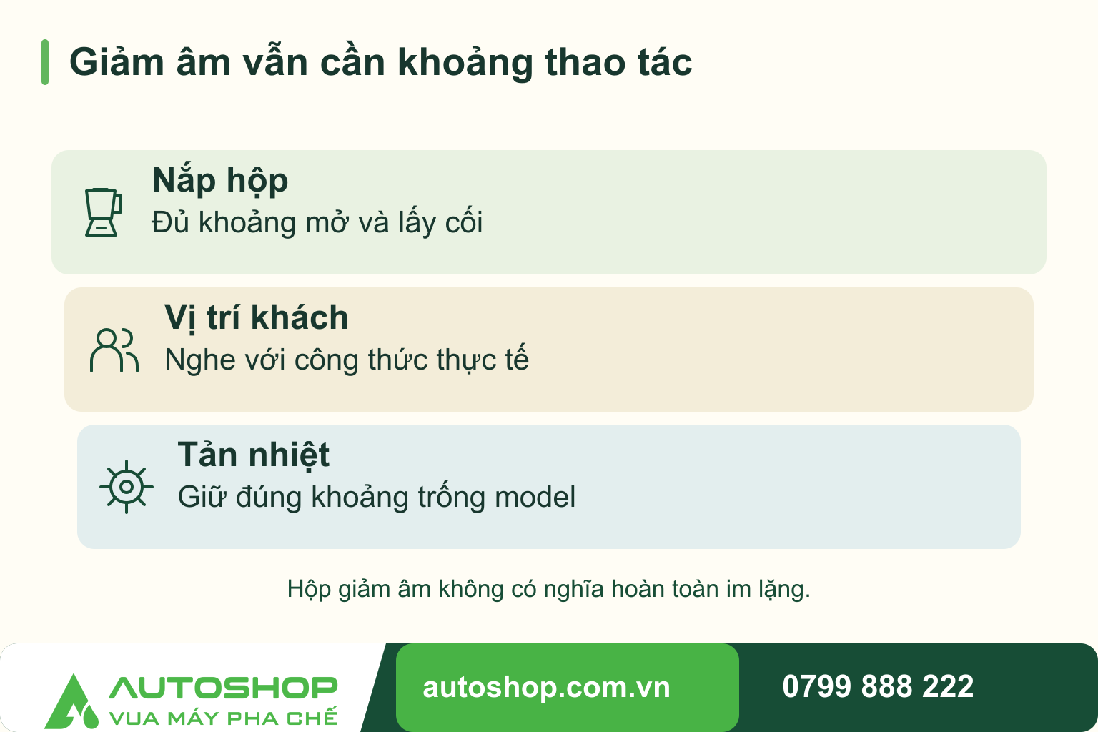 Sơ đồ giảm âm vẫn cần khoảng thao tác, phân biệt các phần liên quan: nắp hộp, vị trí khách, tản nhiệt.