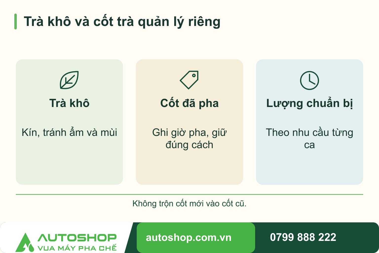 So sánh trà khô và cốt trà quản lý riêng: Trà khô — Kín, tránh ẩm và mùi; Cốt đã pha — Ghi giờ pha, giữ đúng cách; Lượng chuẩn bị — Theo nhu cầu từng ca.