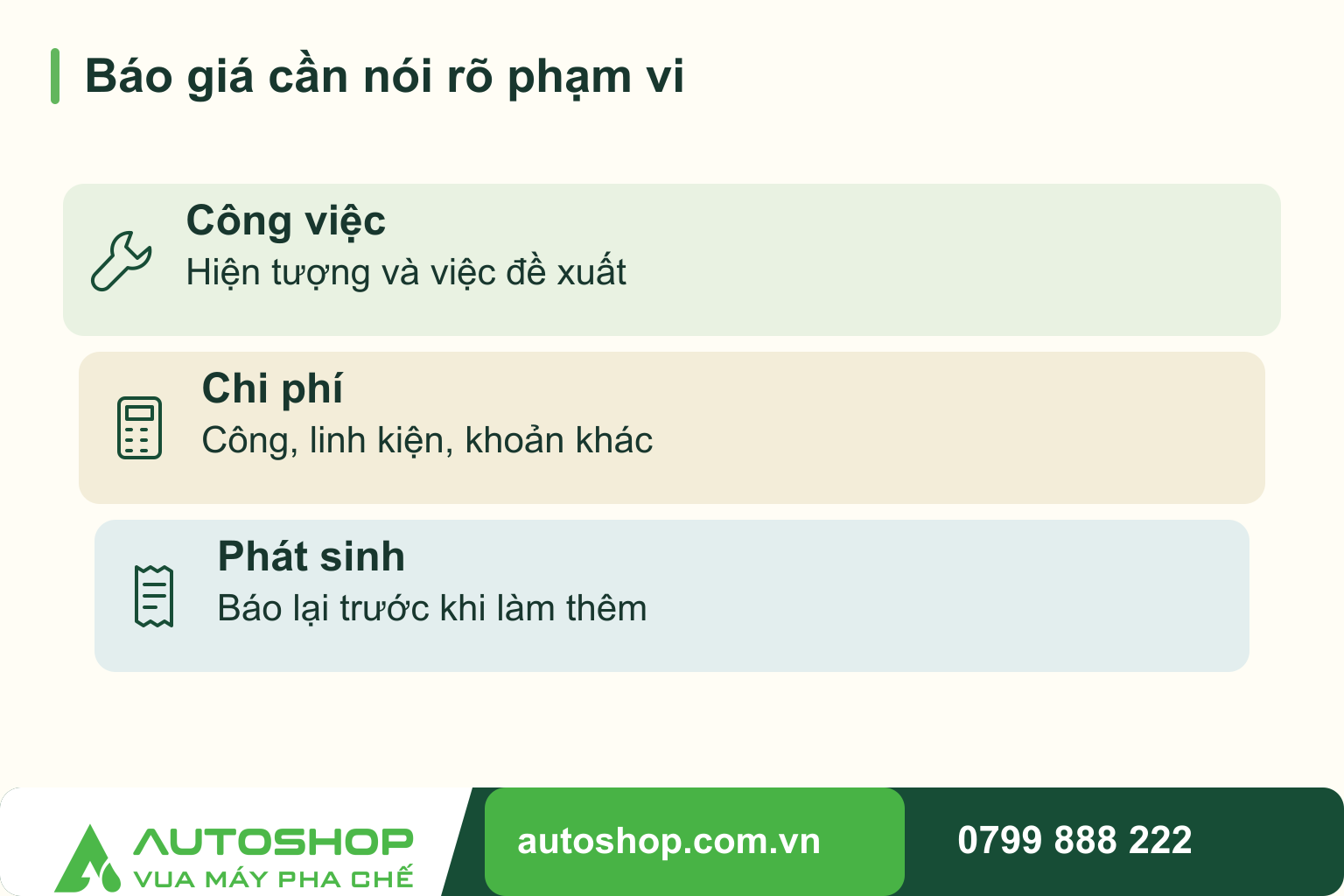 Sơ đồ báo giá cần nói rõ phạm vi, phân biệt các phần liên quan: công việc, chi phí, phát sinh.
