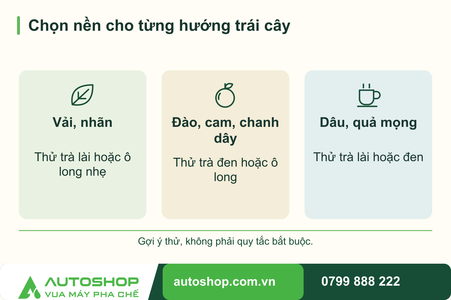 So sánh chọn nền cho từng hướng trái cây: Vải, nhãn — Thử trà lài hoặc ô long nhẹ; Đào, cam, chanh dây — Thử trà đen hoặc ô long; Dâu, quả mọng — Thử trà lài hoặc đen.