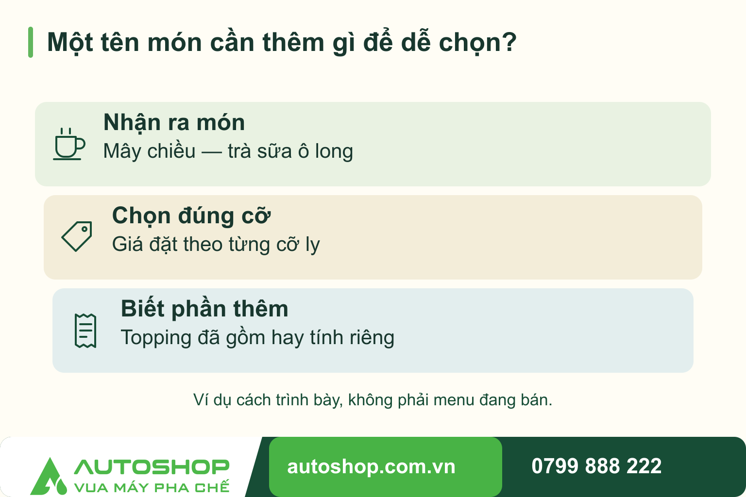 Sơ đồ một tên món cần thêm gì để dễ chọn?: Nhận ra món — Mây chiều — trà sữa ô long; Chọn đúng cỡ — Giá đặt theo từng cỡ ly; Biết phần thêm — Topping đã gồm hay tính riêng. Ví dụ cách trình bày, không phải menu đang bán.