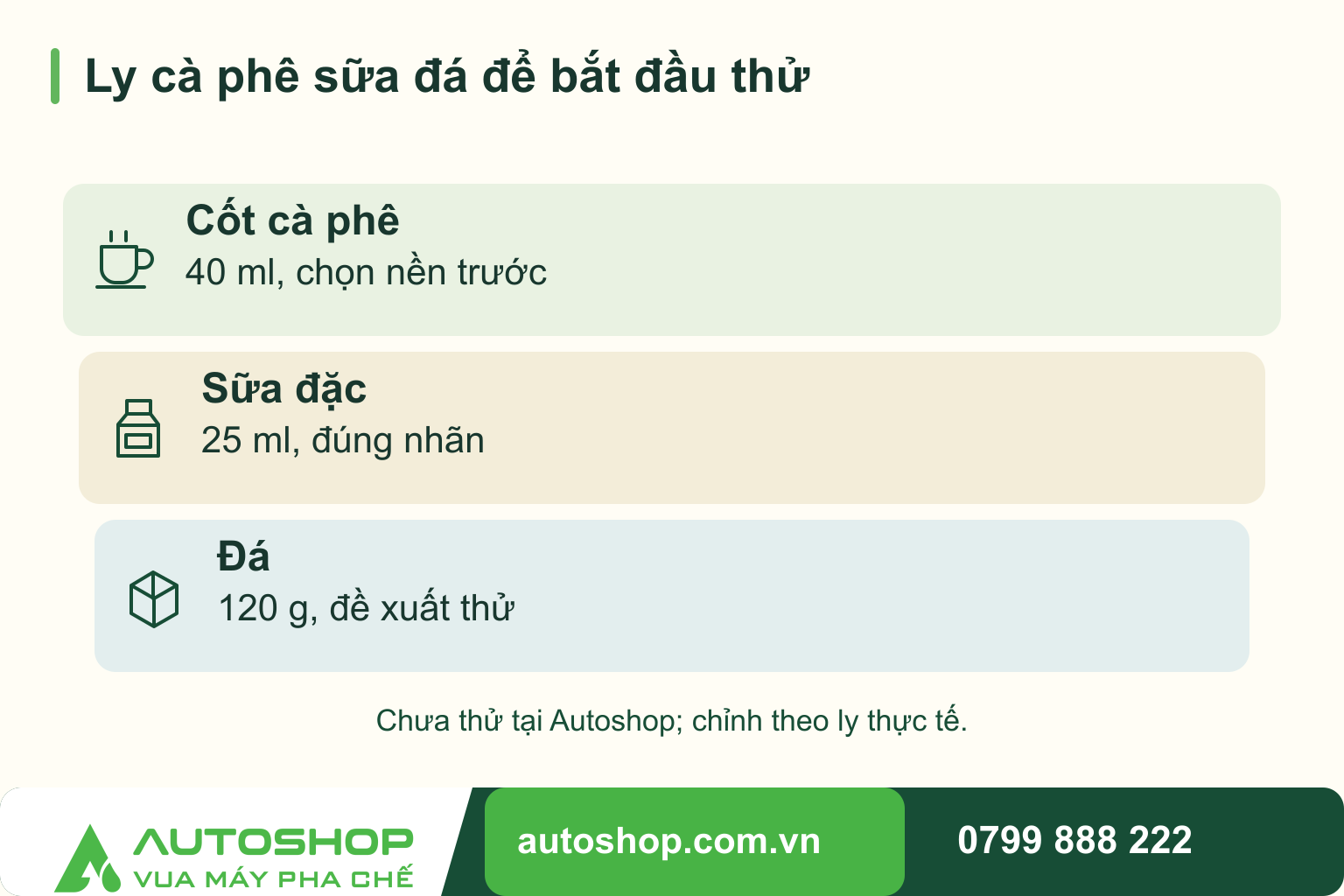 Sơ đồ ly cà phê sữa đá để bắt đầu thử: Cốt cà phê — 40 ml, chọn nền trước; Sữa đặc — 25 ml, đúng nhãn; Đá — 120 g, đề xuất thử.
