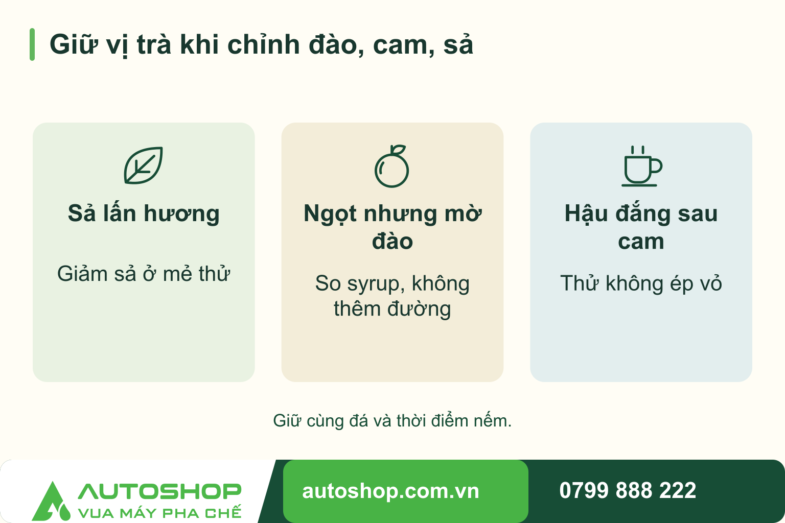 Sơ đồ giữ vị trà khi chỉnh đào, cam, sả: Sả lấn hương — Giảm sả ở mẻ thử; Ngọt nhưng mờ đào — So syrup, không thêm đường; Hậu đắng sau cam — Thử không ép vỏ.