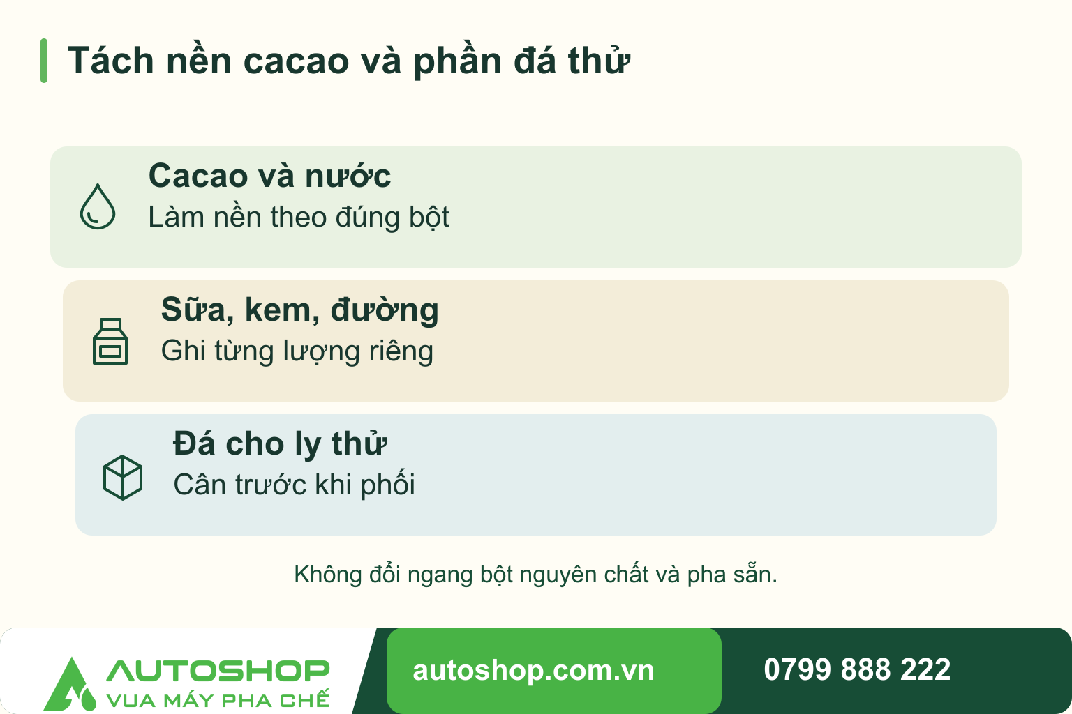 Sơ đồ tách nền cacao và phần đá thử: Cacao và nước — Làm nền theo đúng bột; Sữa, kem, đường — Ghi từng lượng riêng; Đá cho ly thử — Cân trước khi phối.