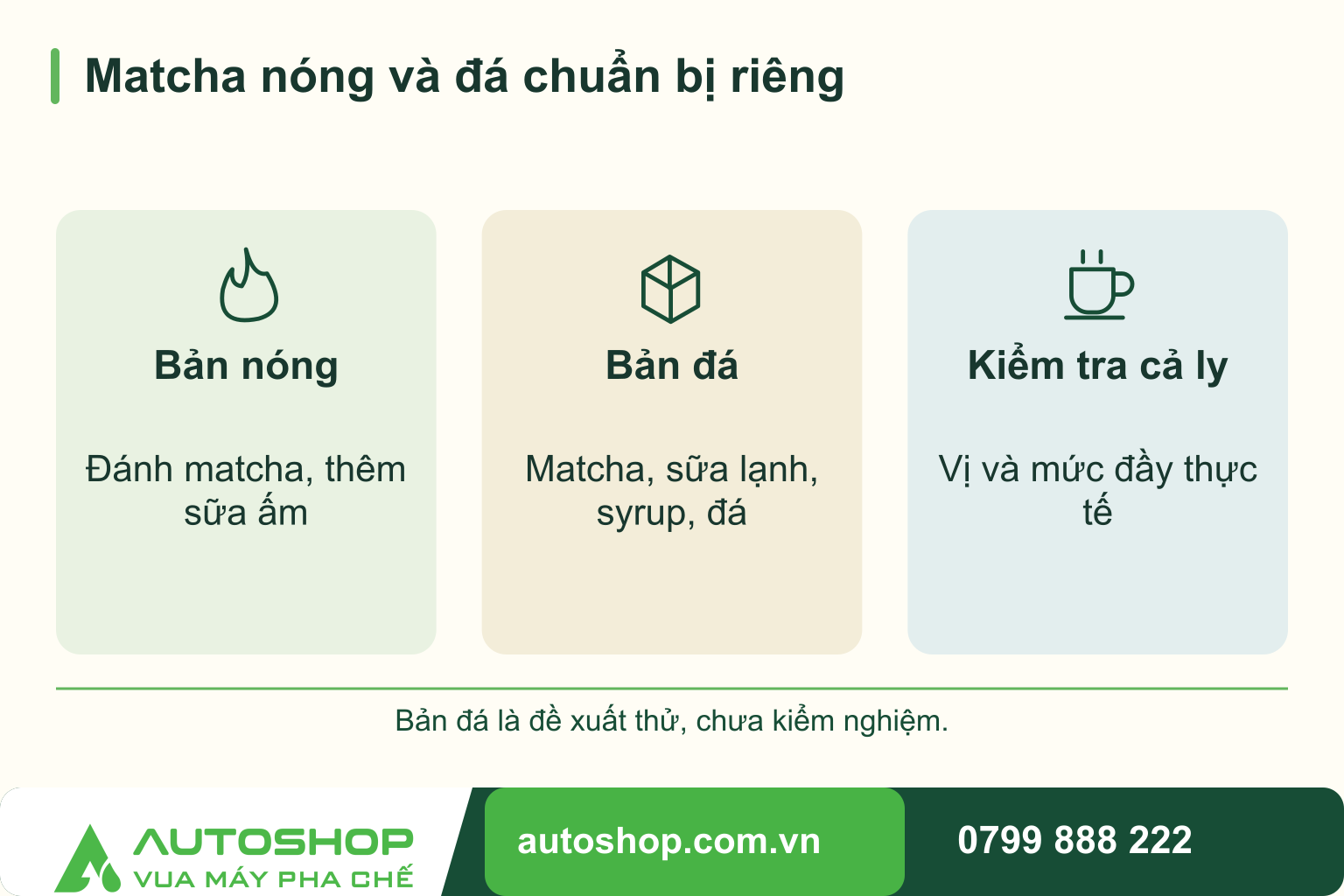 So sánh matcha nóng và đá chuẩn bị riêng: Bản nóng — Đánh matcha, thêm sữa ấm; Bản đá — Matcha, sữa lạnh, syrup, đá; Kiểm tra cả ly — Vị và mức đầy thực tế.