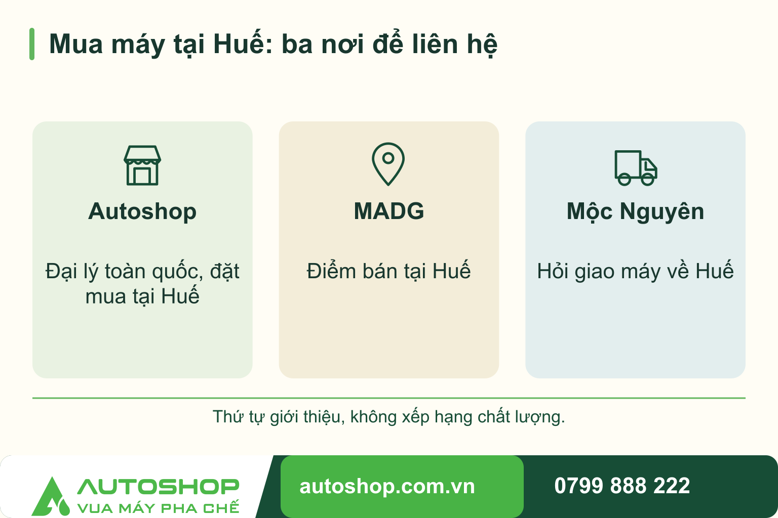 Sơ đồ mua máy tại Huế: ba nơi để liên hệ: Autoshop — Đại lý toàn quốc, đặt mua tại Huế; MADG — Điểm bán tại Huế; Mộc Nguyên — Hỏi giao máy về Huế.