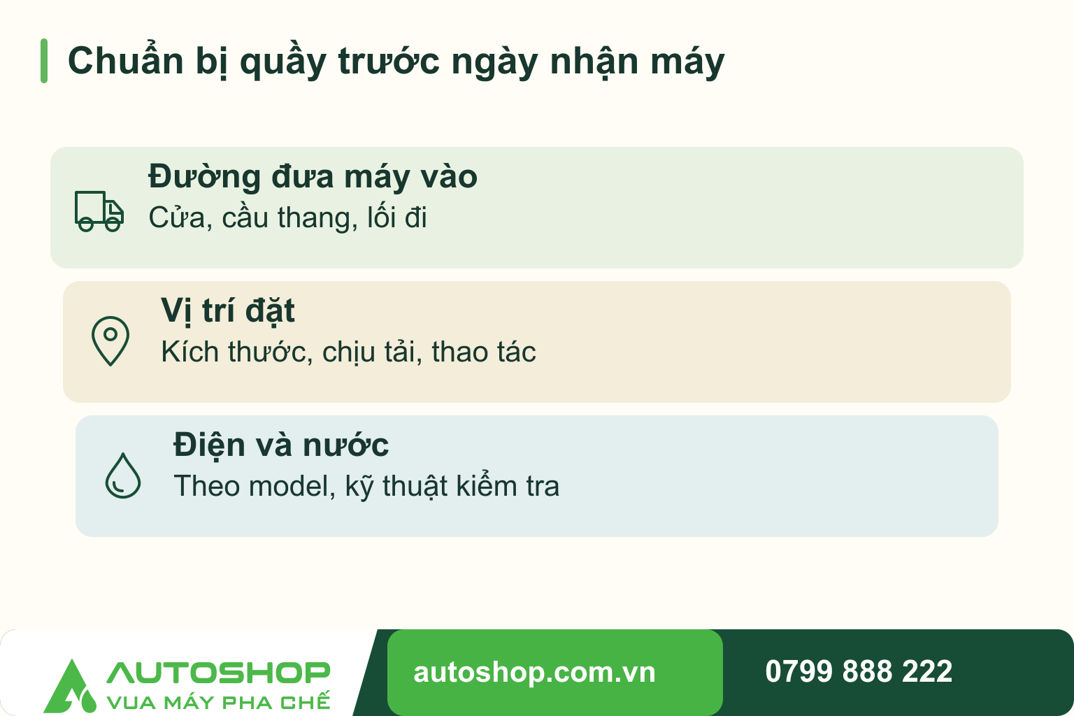 Sơ đồ chuẩn bị quầy trước ngày nhận máy, phân biệt các phần liên quan: đường đưa máy vào, vị trí đặt, điện và nước.