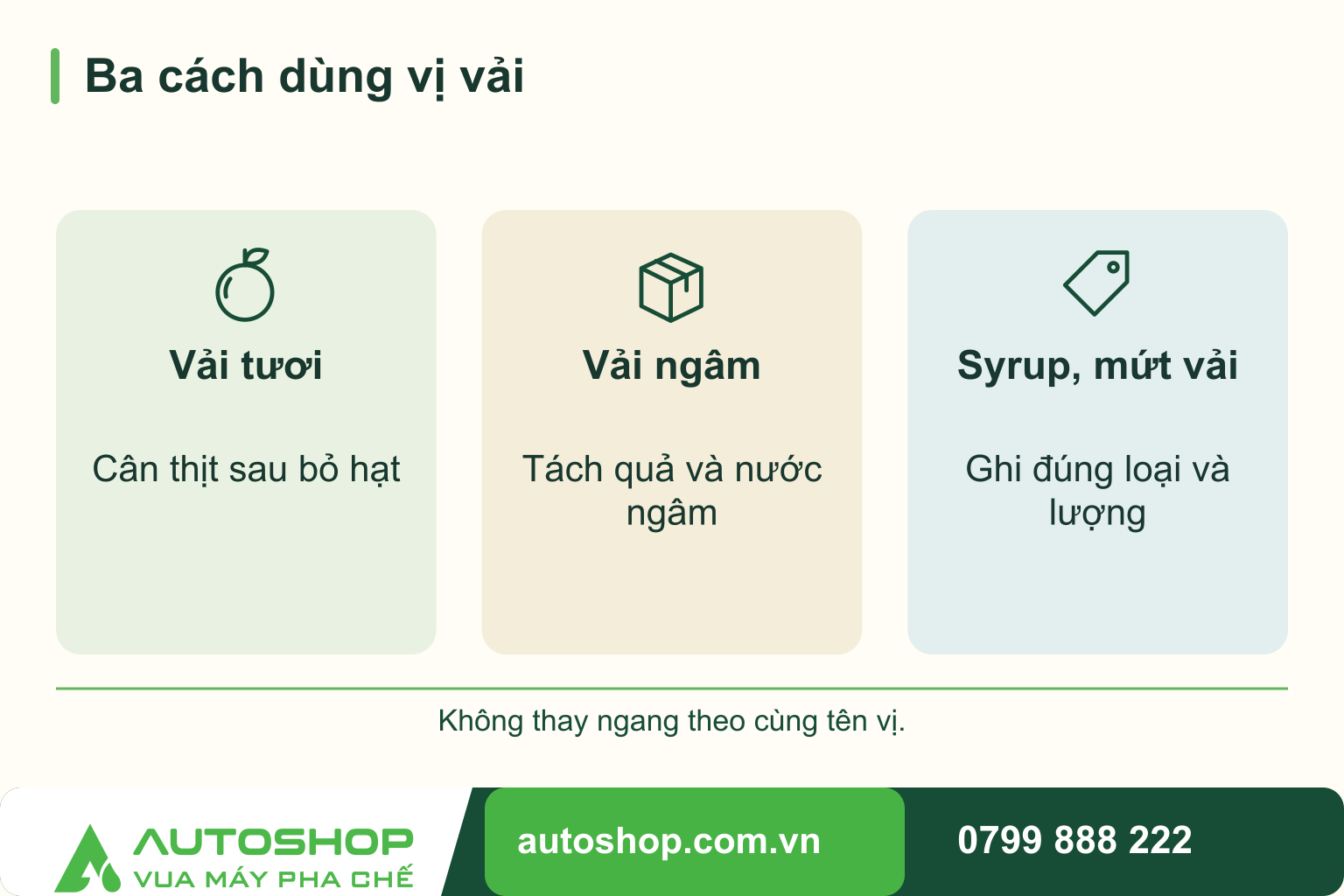So sánh ba cách dùng vị vải: Vải tươi — Cân thịt sau bỏ hạt; Vải ngâm — Tách quả và nước ngâm; Syrup, mứt vải — Ghi đúng loại và lượng.