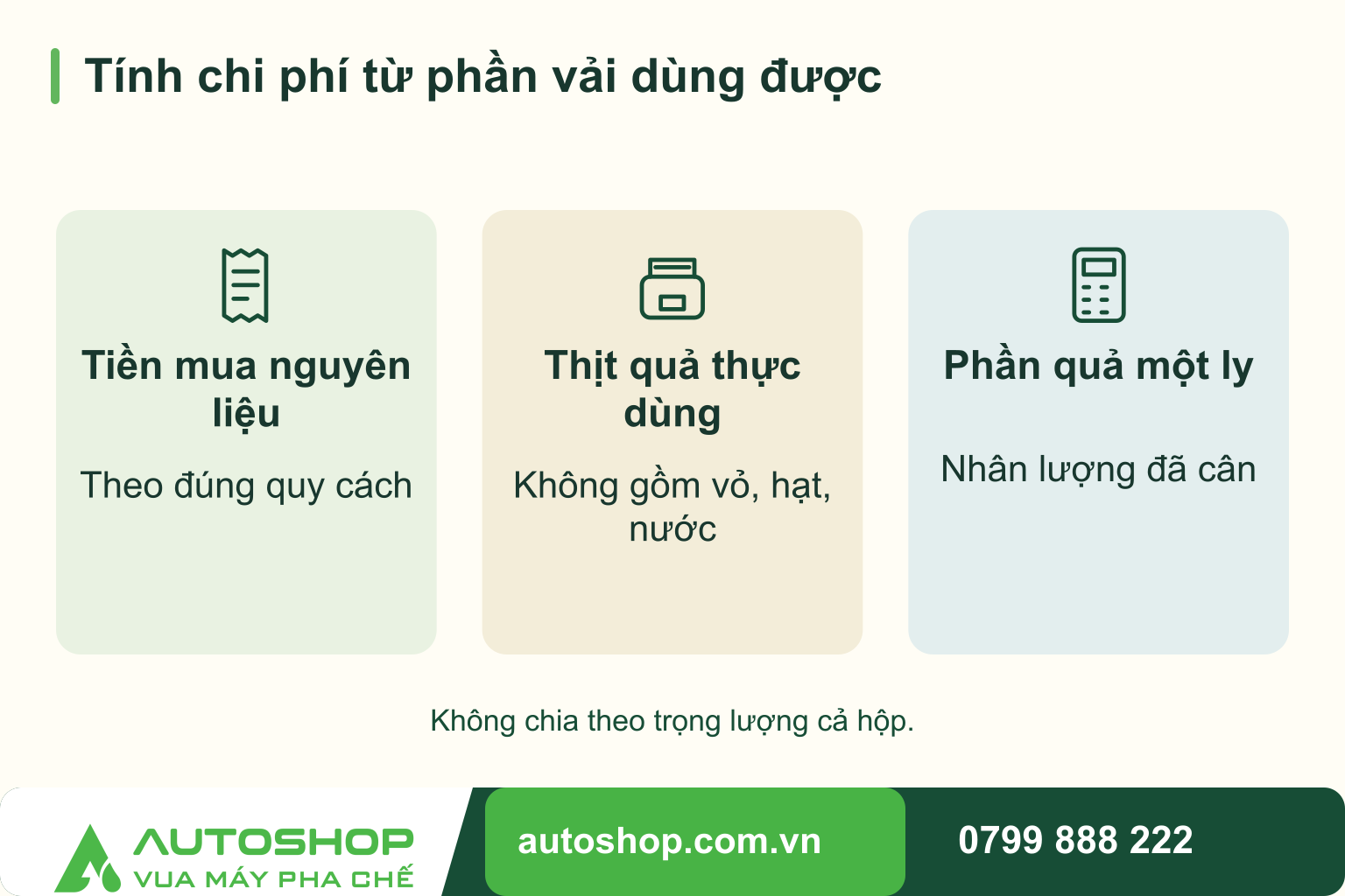 Sơ đồ tính chi phí từ phần vải dùng được: Tiền mua nguyên liệu — Theo đúng quy cách; Thịt quả thực dùng — Không gồm vỏ, hạt, nước; Phần quả một ly — Nhân lượng đã cân.