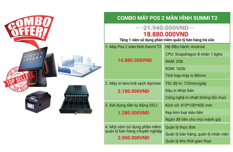 Combo POS Sunmi T2 2 màn hình
